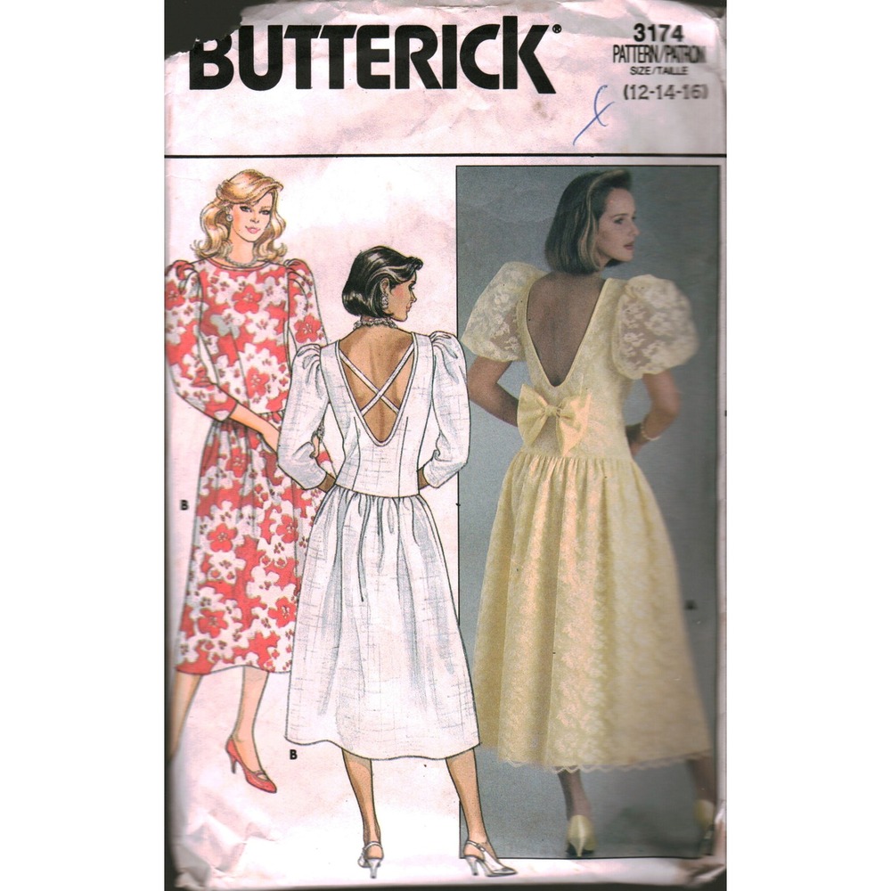 Butterick 3174 Vintage 80s Dress Sewing Pattern Puffed Sleeve V-Back Size 12-14